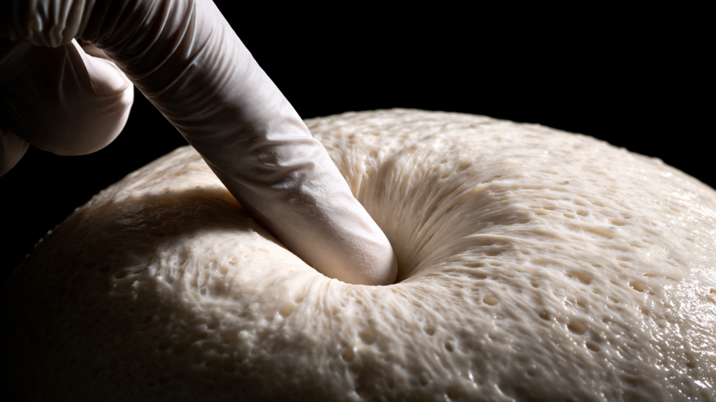 macro photograph of a gloved finger performing a diagnostic dent test on proofed baguette dough against a black background.
