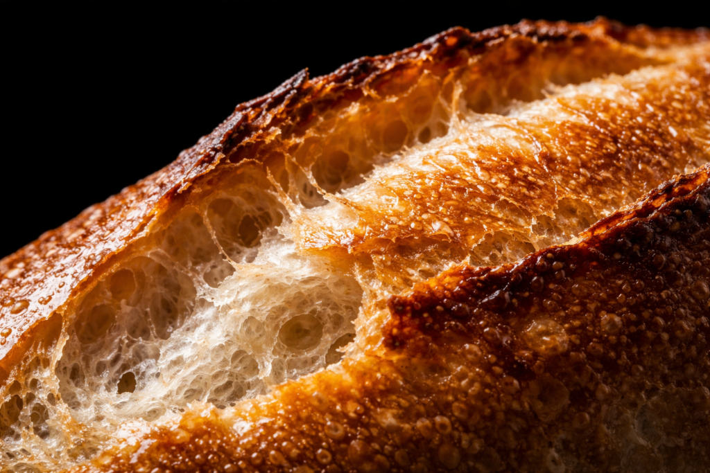 macro photograph showing the brittle, glass-like crust of a finished vietnamese baguette, with micro-fissures and shattered fragments revealing the airy crumb against a black background.
