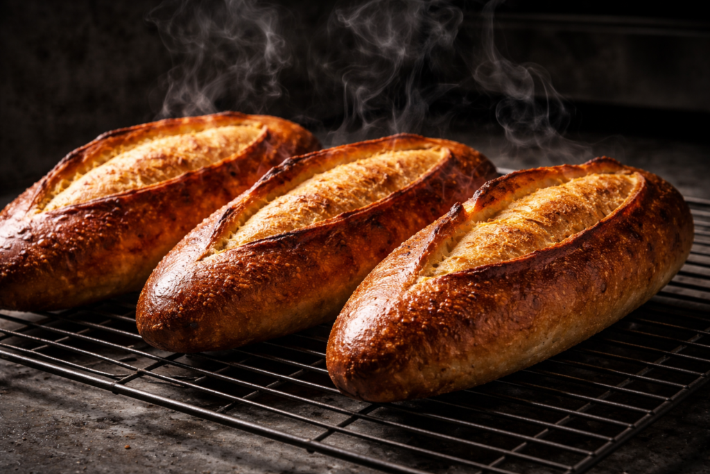 Three mahogany-colored Vietnamese baguettes cooling on an industrial rack with visible steam and blistered crust.