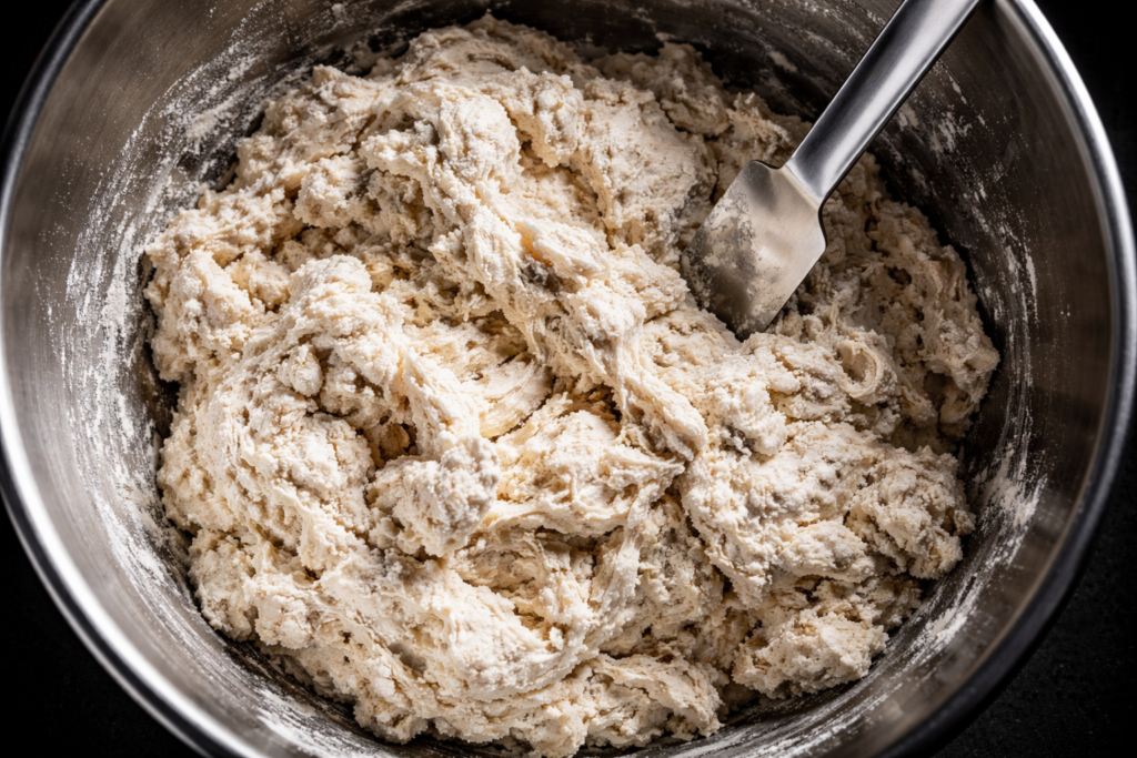 top-down clinical photograph of a shaggy mass of bread dough in a stainless steel bowl during the autolyse phase.