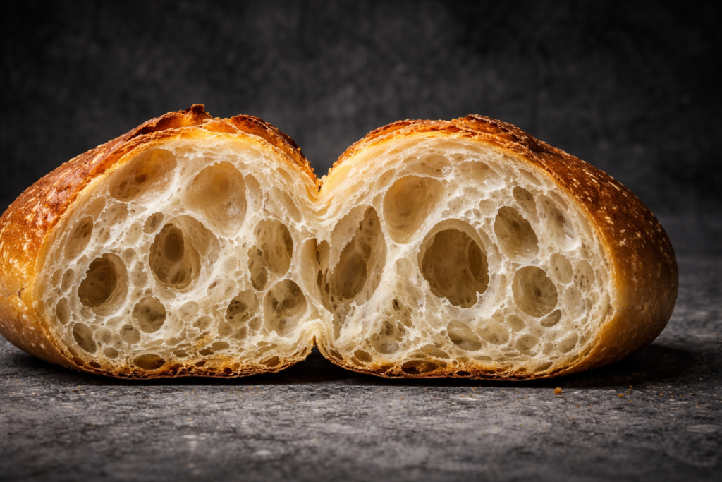 Cross-section of an open crumb Vietnamese baguette revealing large air pockets and high-hydration lacy interior.