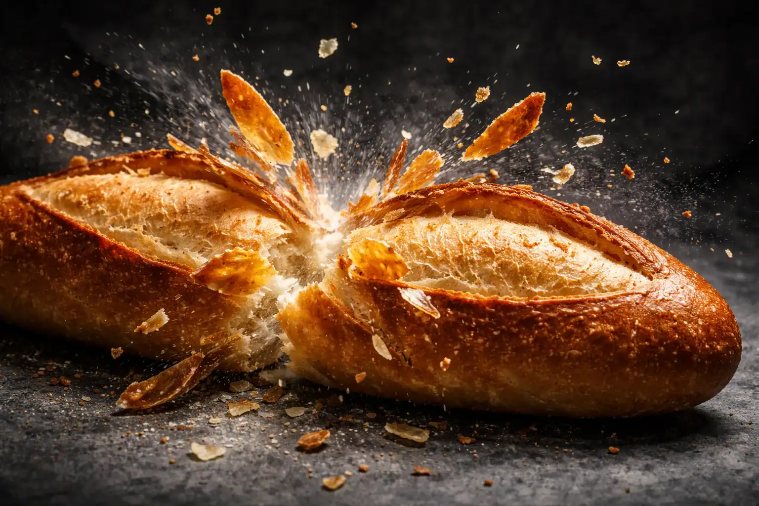 Bánh mì baguette shattering to reveal the Glass Crust interior