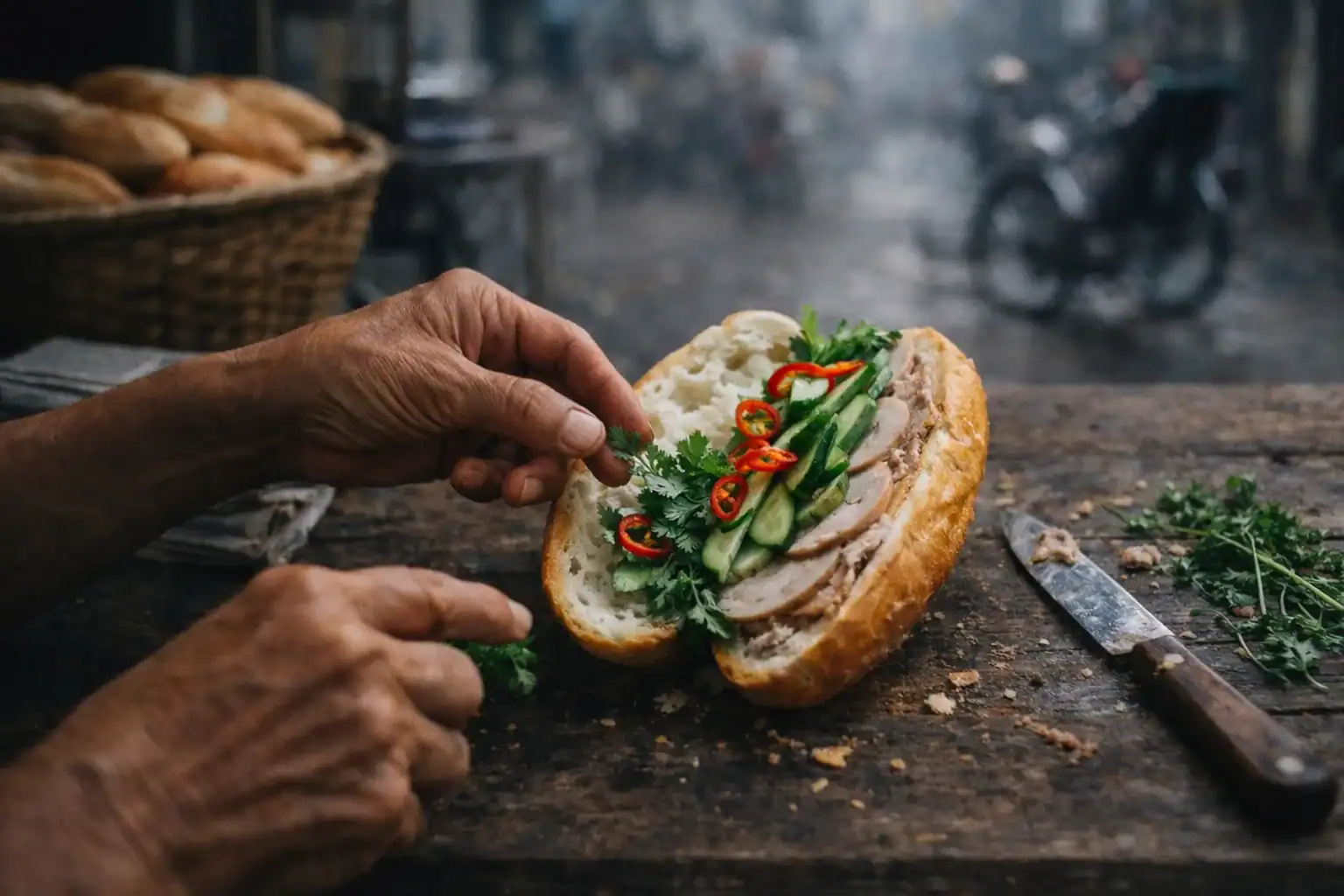 Hands assembling a classic bánh mì thịt nguội on a Hanoi street cart