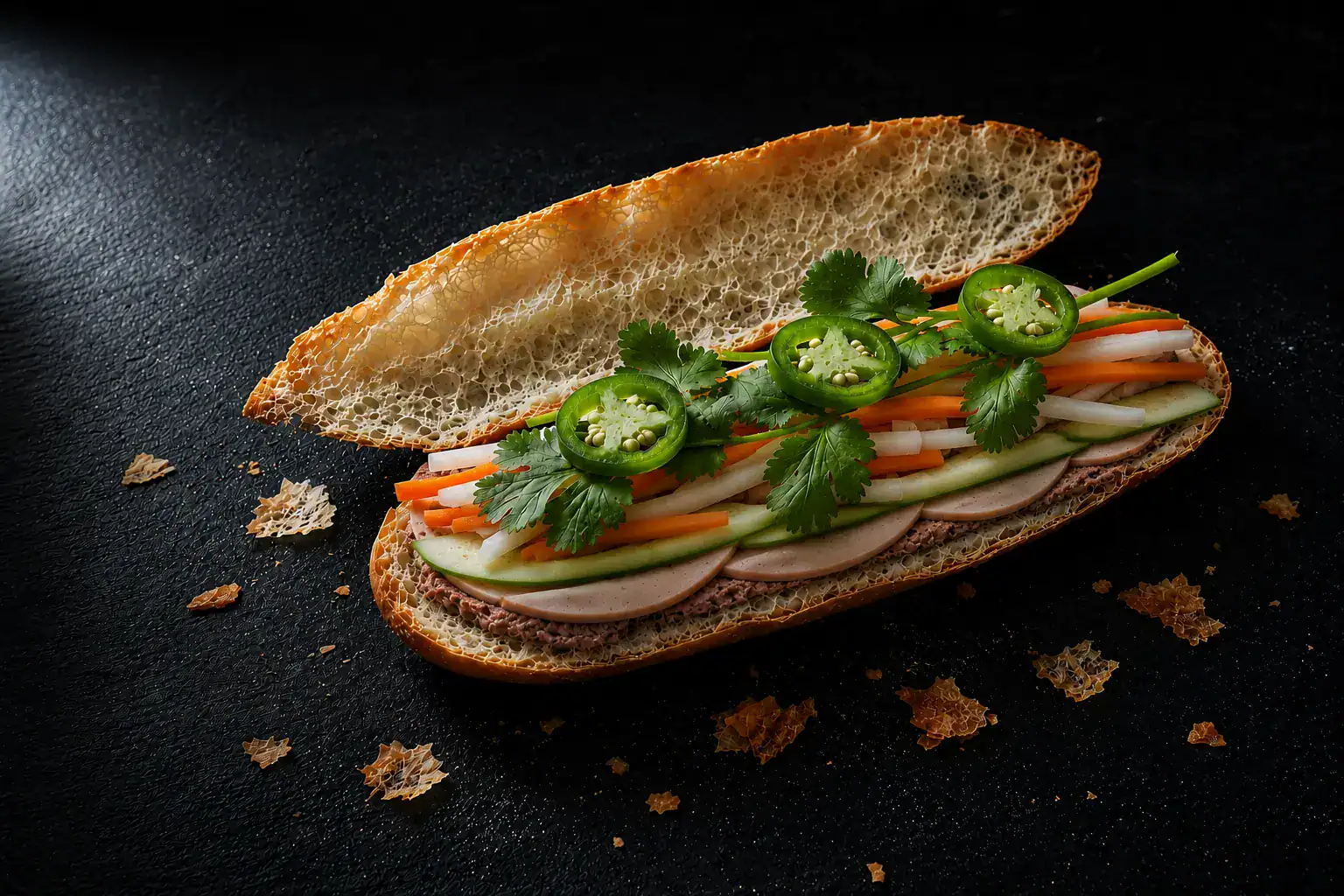 Bánh mì sandwich assembled with pâté chả lụa cucumber pickled daikon carrot cilantro and jalapeño on dark slate