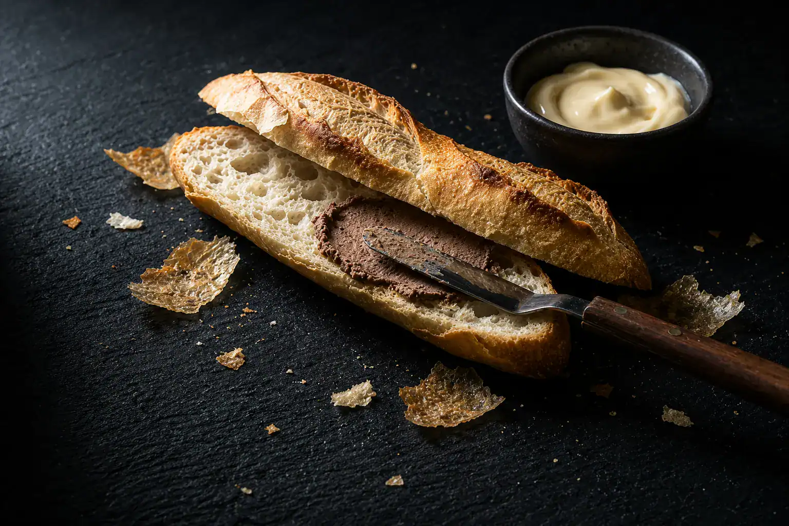 Bánh mì bread sliced open with pork liver pâté spread and Vietnamese mayonnaise on dark slate