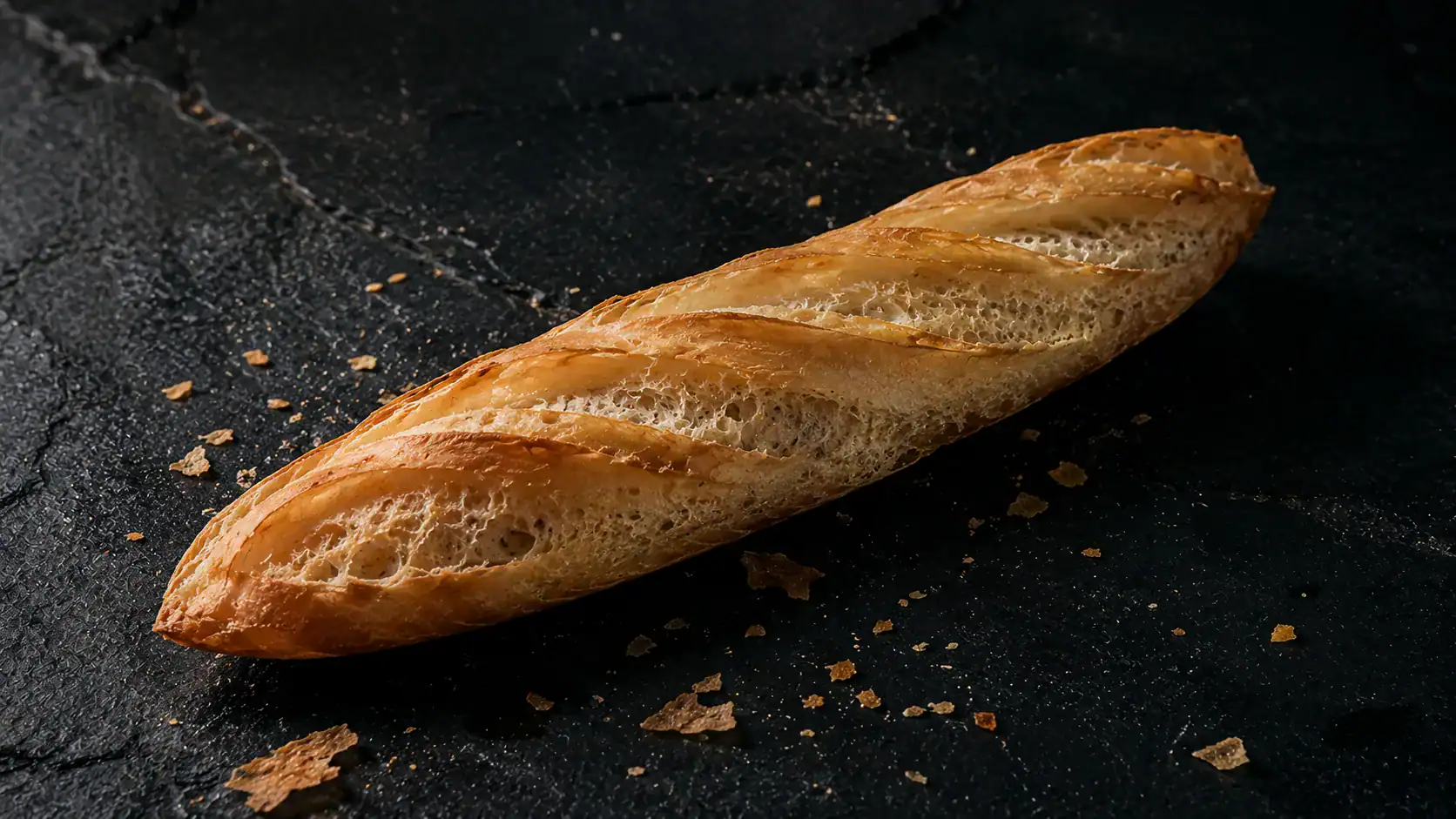 Vietnamese bánh mì baguette with thin crackly glass crust and shards scattered on dark slate