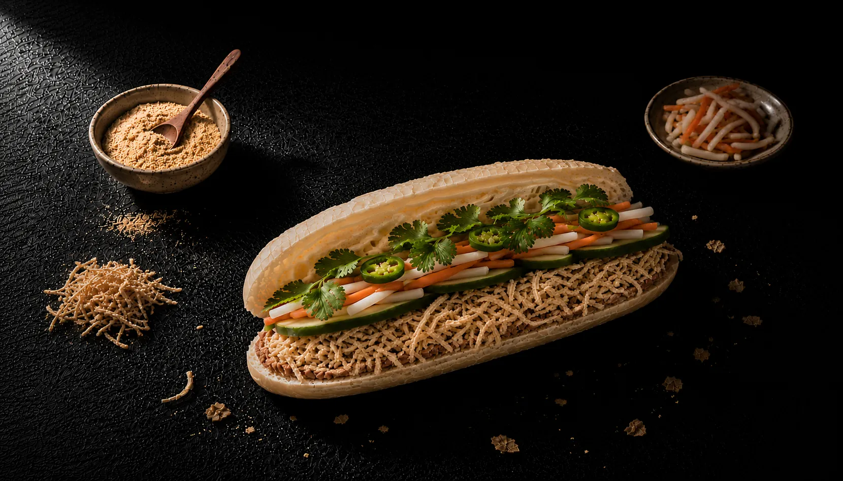 banh mi bi (shredded pork skin banh mi) with shredded pork skin filling, pickled daikon and carrot, cilantro and jalapeño on dark slate