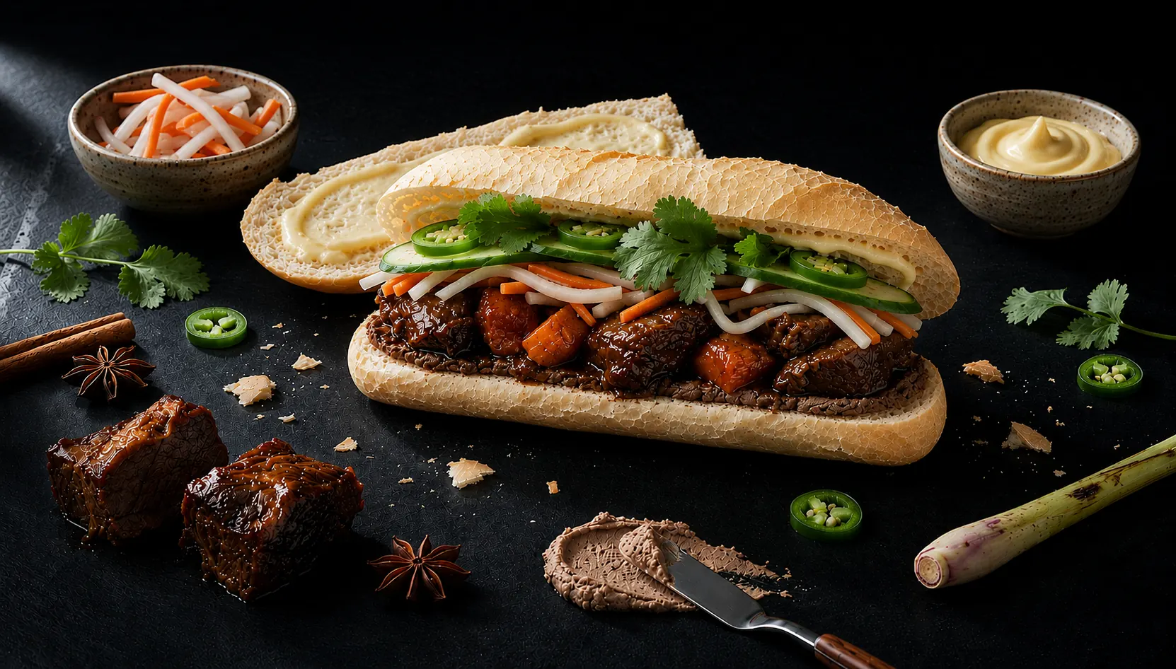 bánh mì bò kho (Vietnamese beef stew bánh mì) with braised beef shank, carrots, đồ chua, cucumber, cilantro, and jalapeño on dark slate
