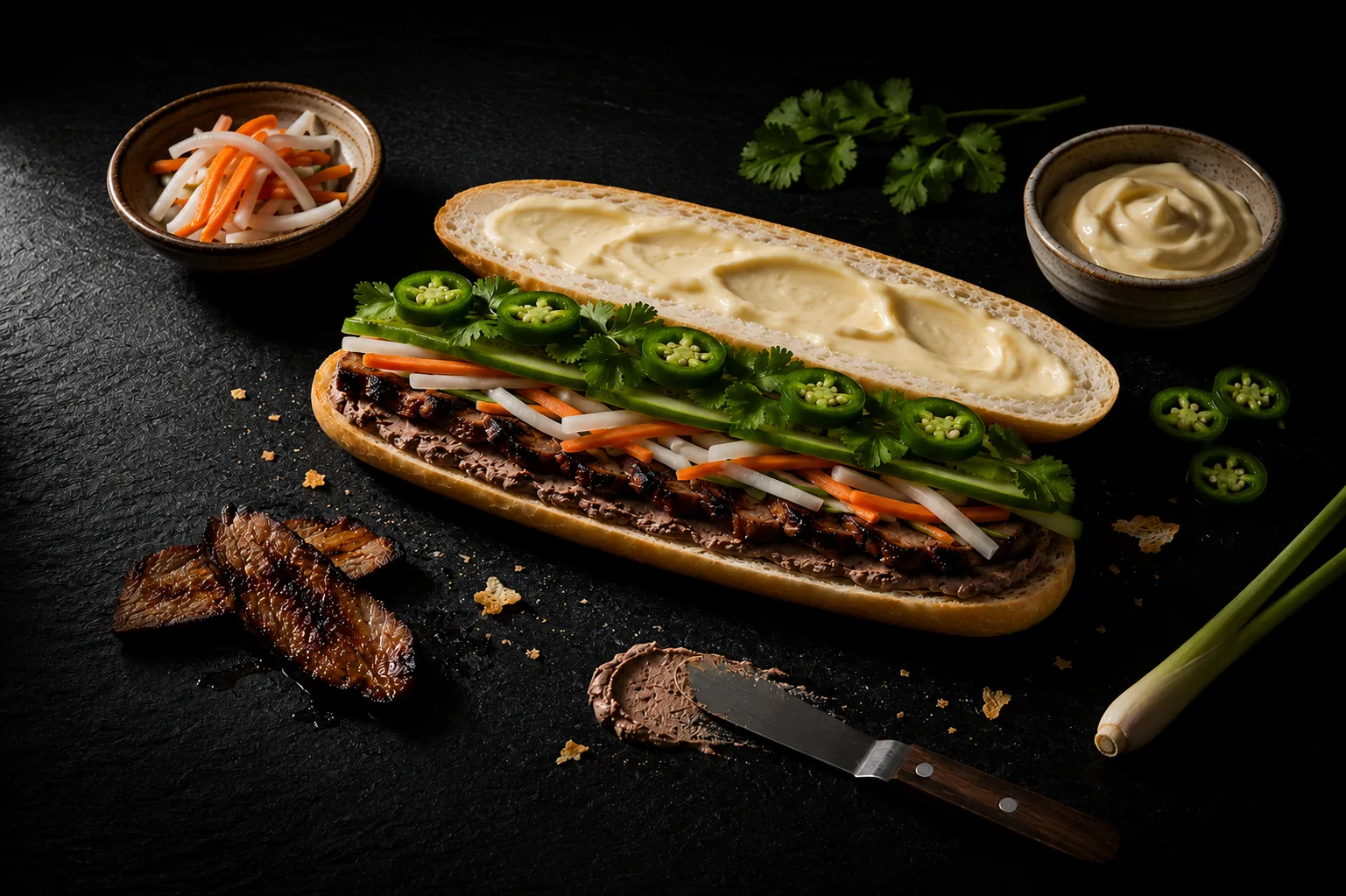 bánh mì bò (Vietnamese lemongrass beef bánh mì) with charred beef, đồ chua, cucumber, cilantro, and jalapeño on dark slate
