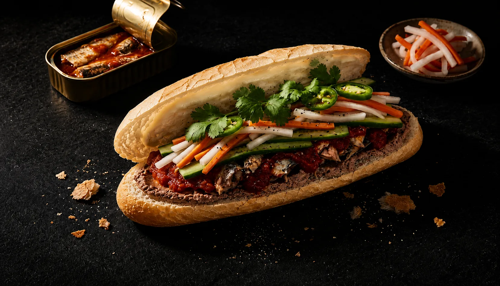 banh mi ca moi (Vietnamese sardine banh mi) with sardines in tomato sauce, pickled daikon and carrot, cilantro on dark slate