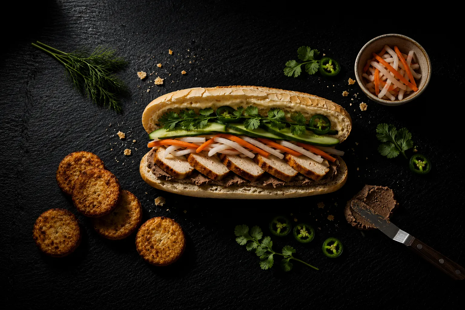 bánh mì chả cá (Vietnamese fish cake bánh mì) with golden fried fish cake, đồ chua, cucumber, cilantro, and jalapeño on dark slate