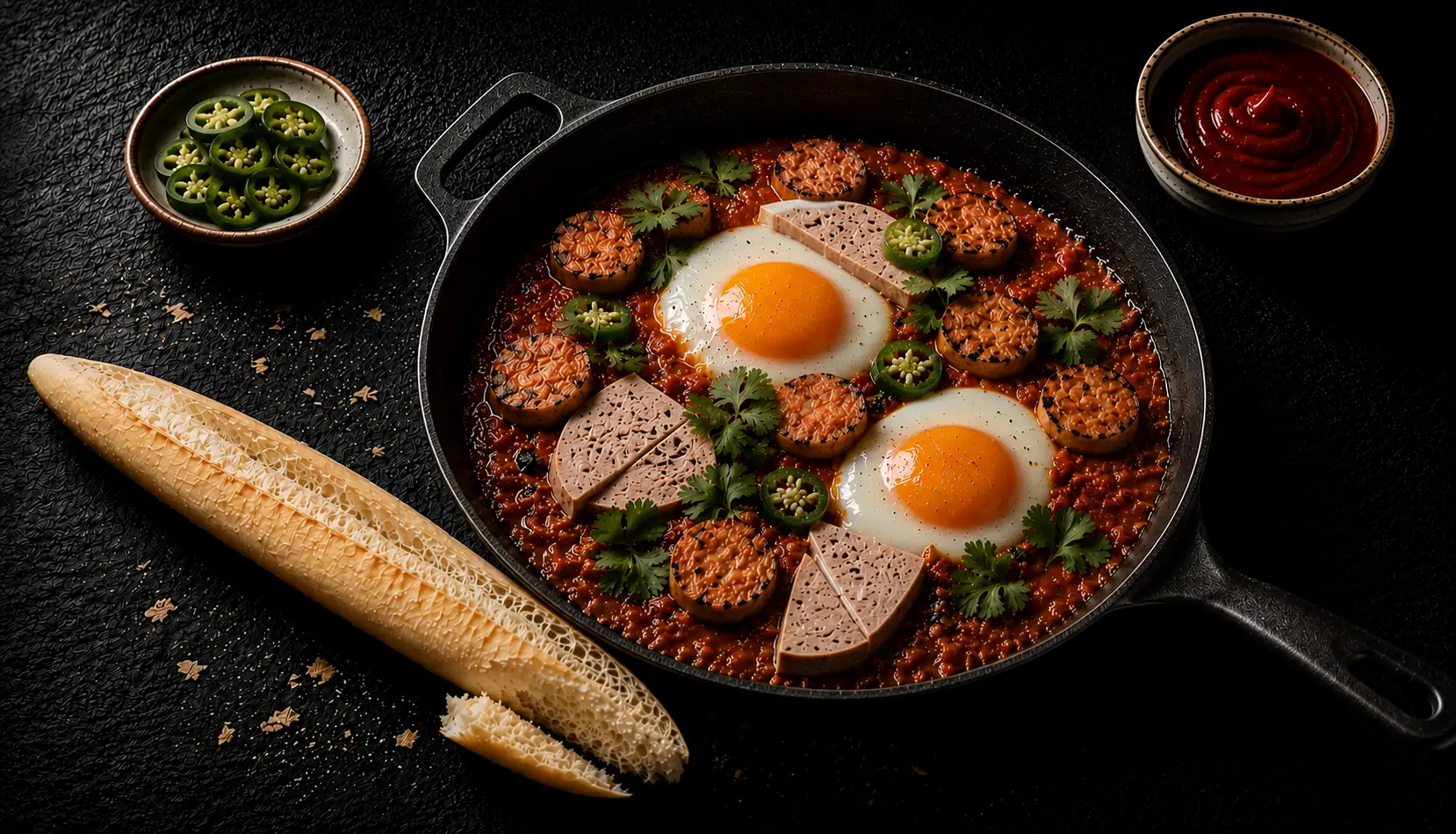 banh mi chao (Vietnamese breakfast skillet) with eggs, pork liver pâté, and Vietnamese sausage in cast iron skillet on dark slate