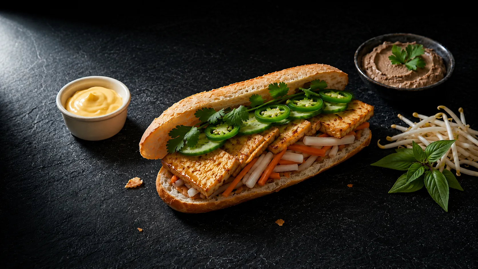 Bánh mì chay with golden pan-fried tofu, pickled daikon carrot, cucumber, cilantro and jalapeño on glass crust baguette with mushroom pâté