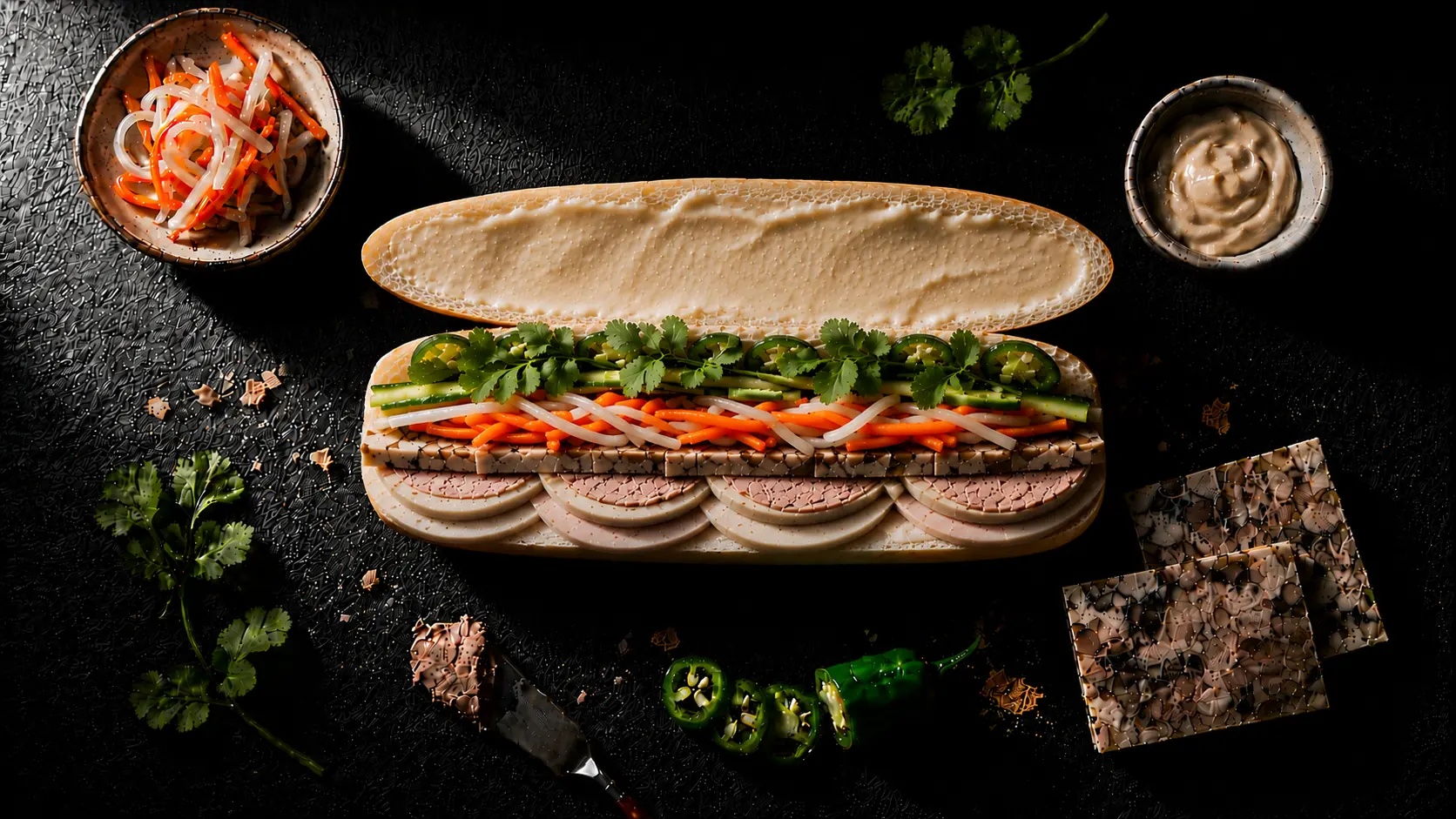 bánh mì đặc biệt (Vietnamese special combination bánh mì) with chả lụa, chả bì, and giò thủ on dark slate