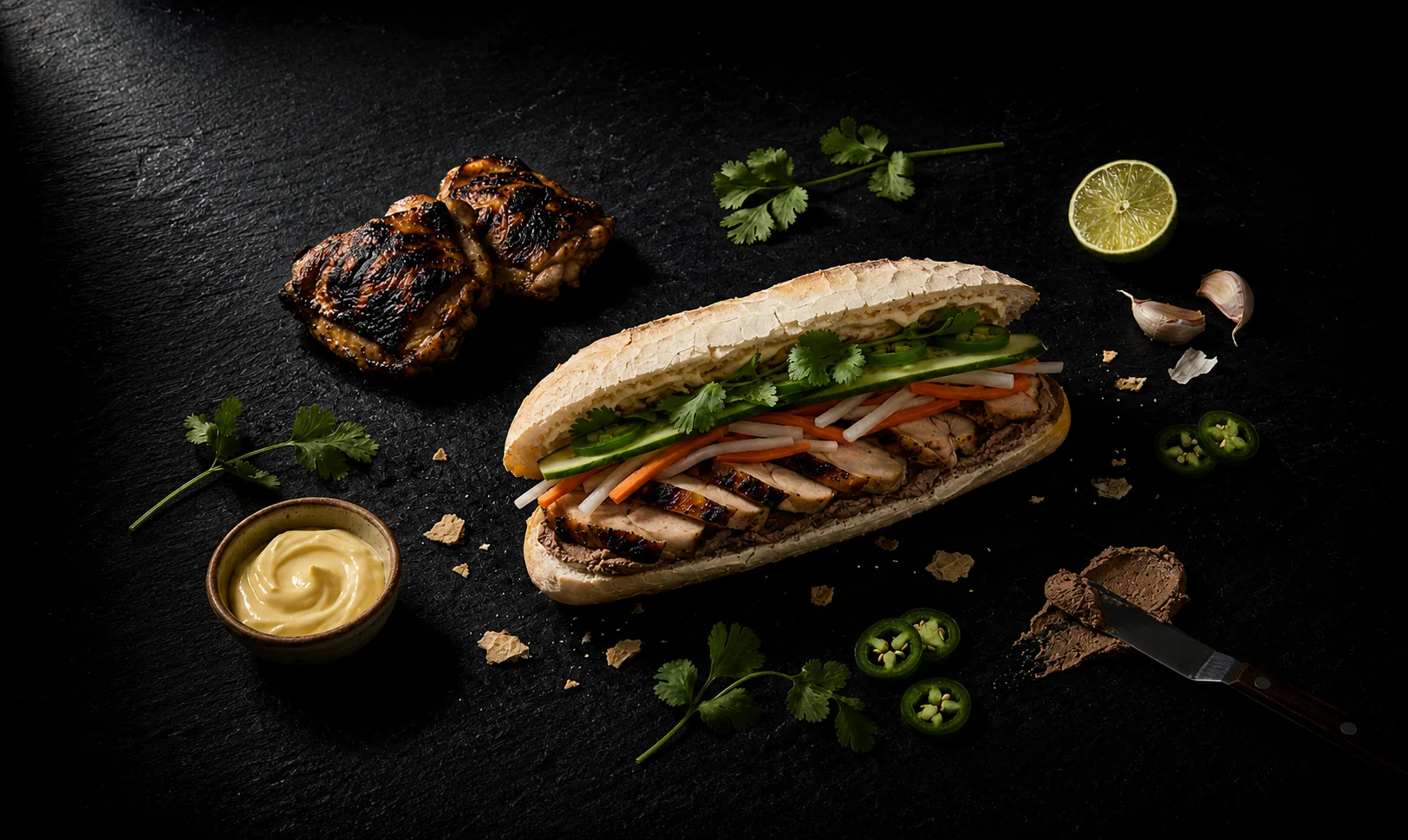 bánh mì gà nướng (Vietnamese grilled chicken bánh mì) with charred chicken thighs, đồ chua, cucumber, cilantro, and jalapeño on dark slate