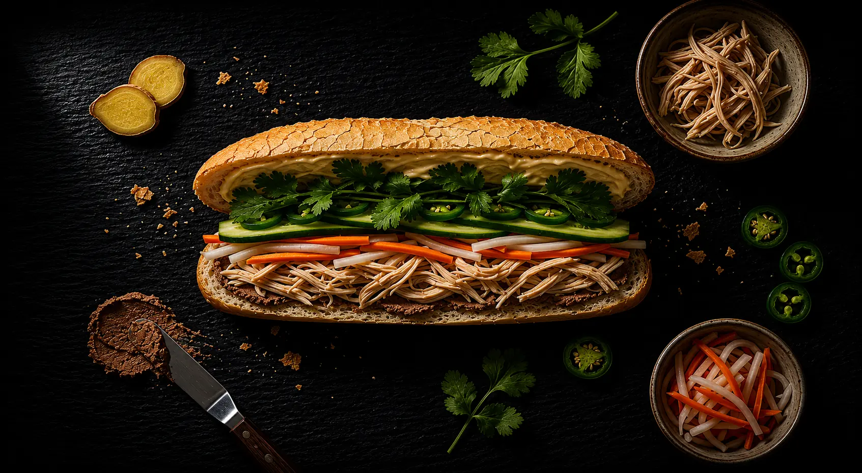 bánh mì gà xé phay (Vietnamese shredded chicken bánh mì) with poached shredded chicken, đồ chua, cucumber, cilantro, and jalapeño on dark slate