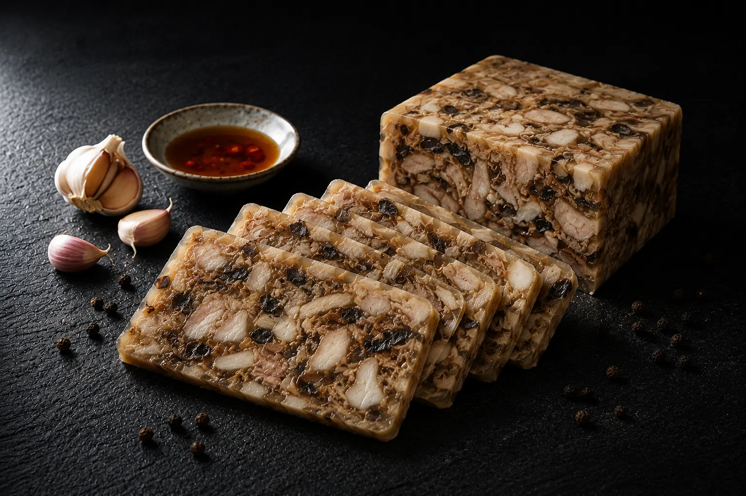 Giò thủ Vietnamese head cheese sliced to show pig's ear pork skin and wood ear mushrooms set in gelatin on dark slate