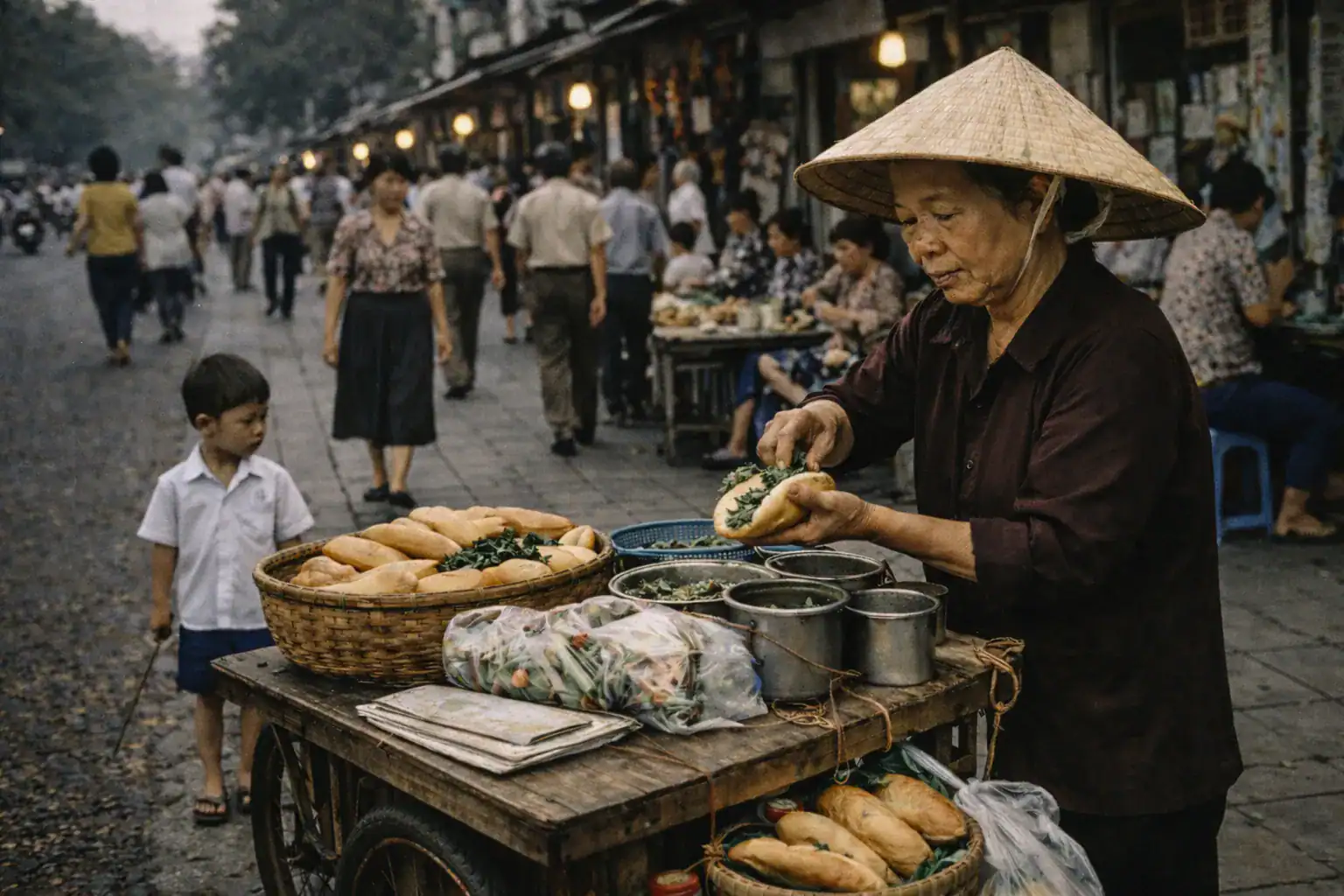 Vietnamese bánh mì vendor assembling sandwiches at a wooden street cart in Hà Nội