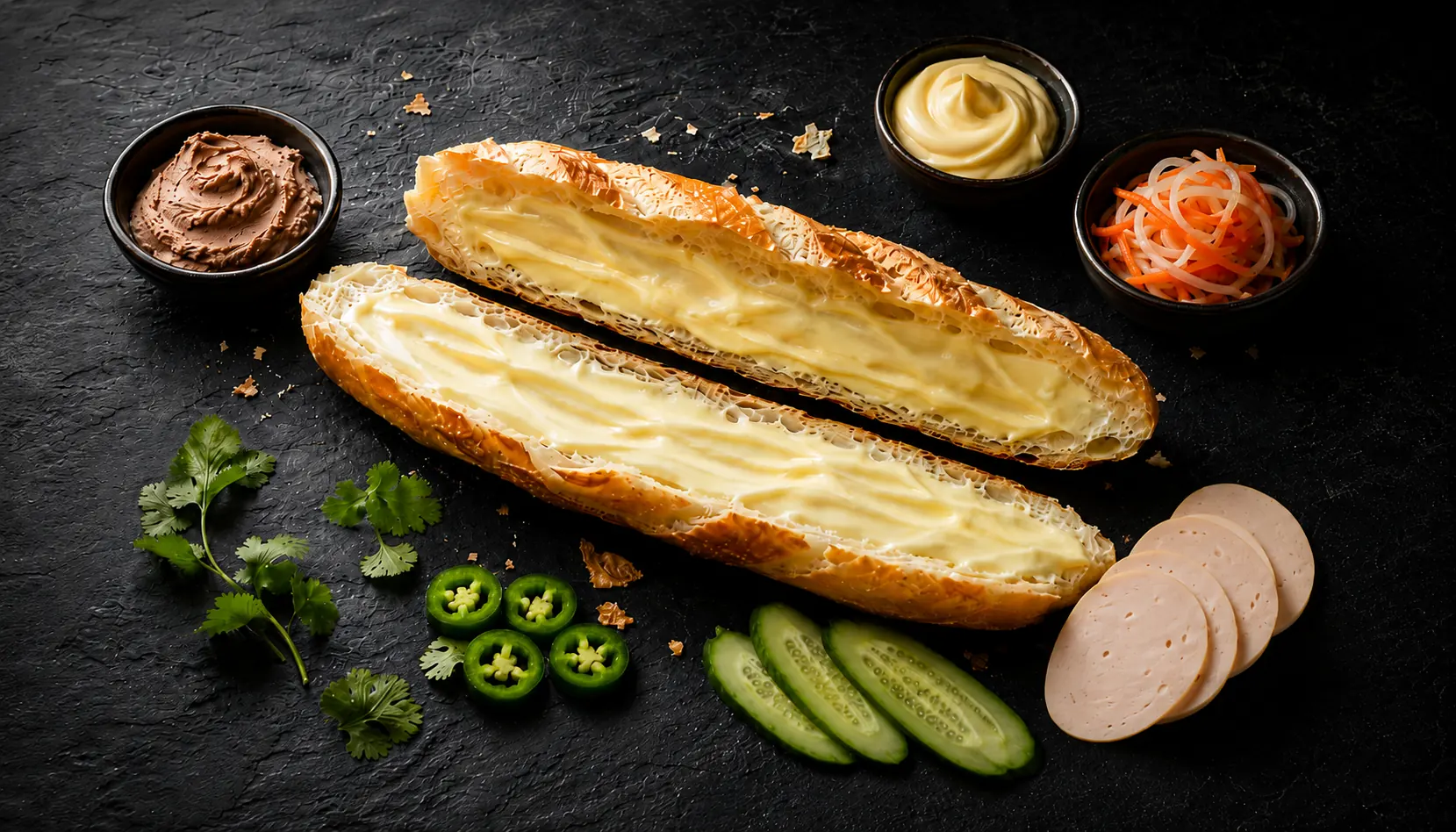 is banh mi healthy open Vietnamese baguette with mayonnaise pâté pickled daikon chả lụa cucumber and jalapeño on dark slate