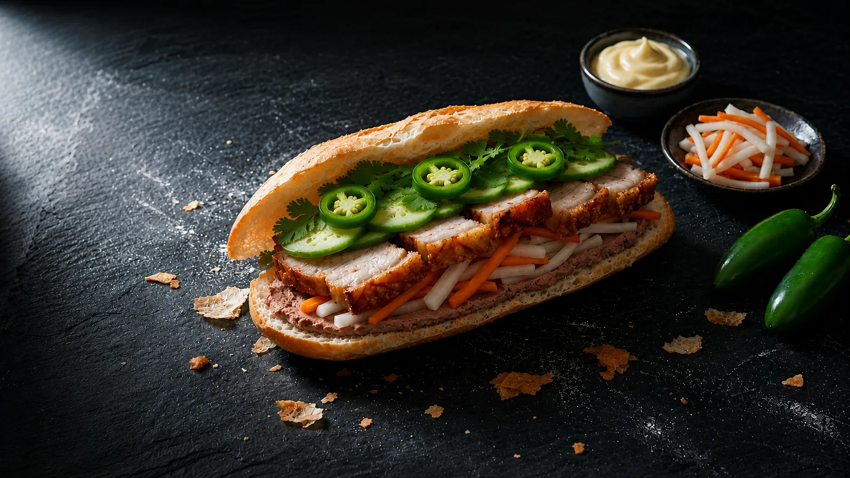 Bánh mì heo quay with roast pork belly crackling, pickled daikon carrot, cucumber, cilantro and jalapeño on glass crust baguette