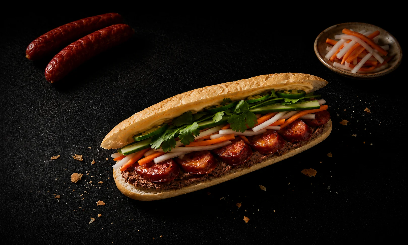banh mi lap xuong (Chinese sausage banh mi) with pan-fried Vietnamese sausage, pickled daikon and carrot, cilantro on dark slate