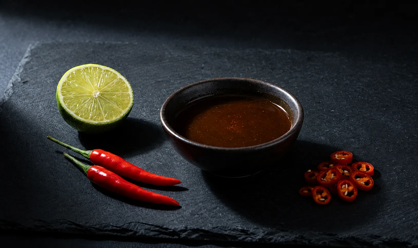 Maggi dipping sauce for bánh mì in a small dark bowl with fresh chilli and lime on a slate surface