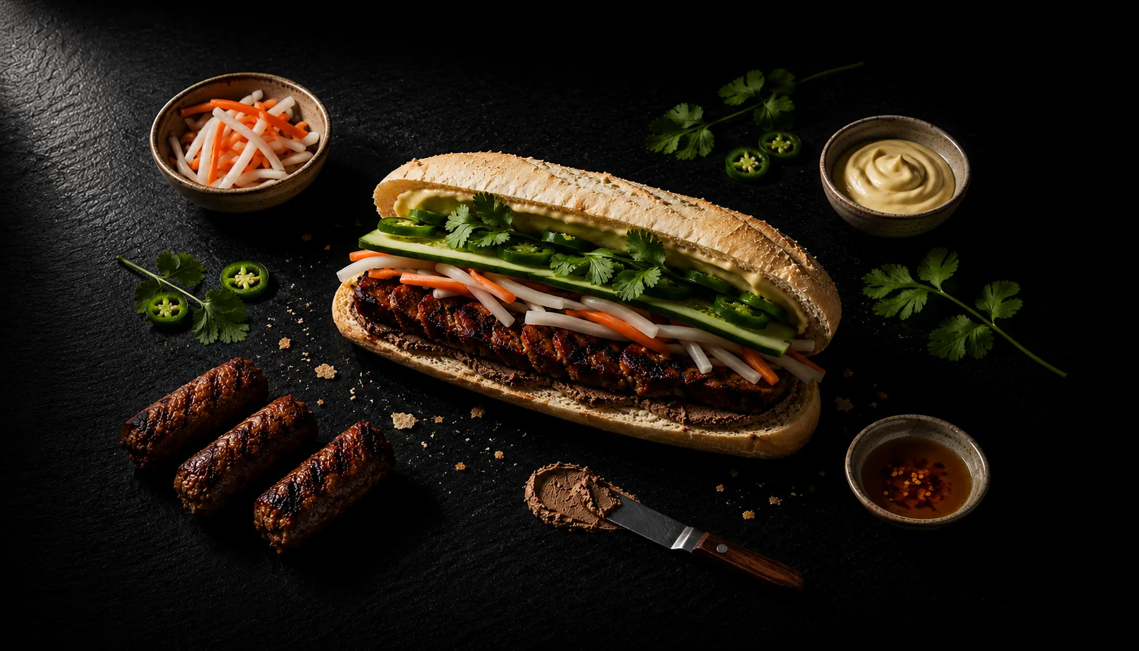 bánh mì nem nướng (grilled pork patty bánh mì) with charred pork patties, đồ chua, cucumber, cilantro, and jalapeño on dark slate