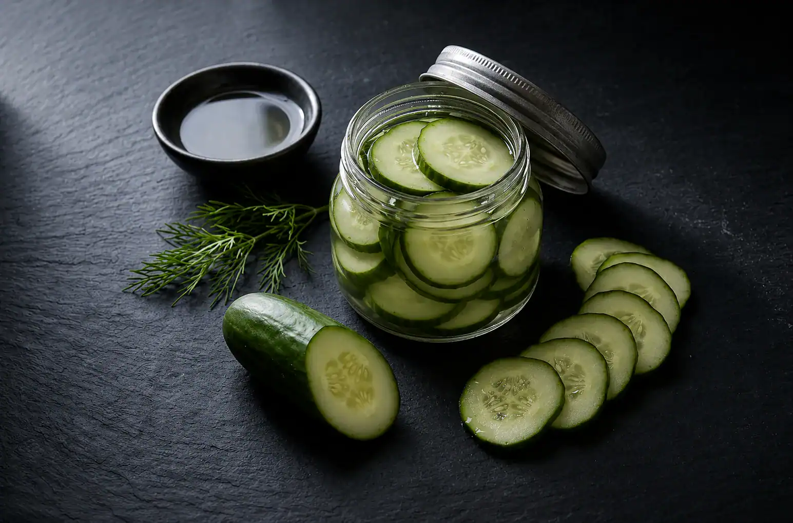 Quick pickled cucumber for bánh mì in a glass jar on a dark slate surface