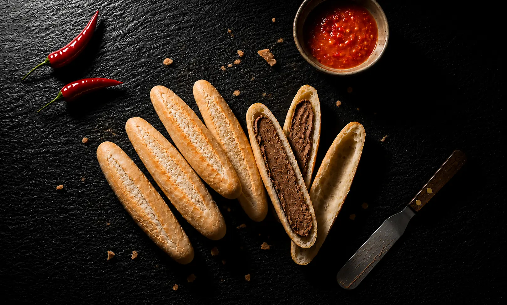 banh mi que (Hai Phong pate sticks) finger-sized Vietnamese baguettes with pork liver pâté and chi chuong chili sauce on dark slate