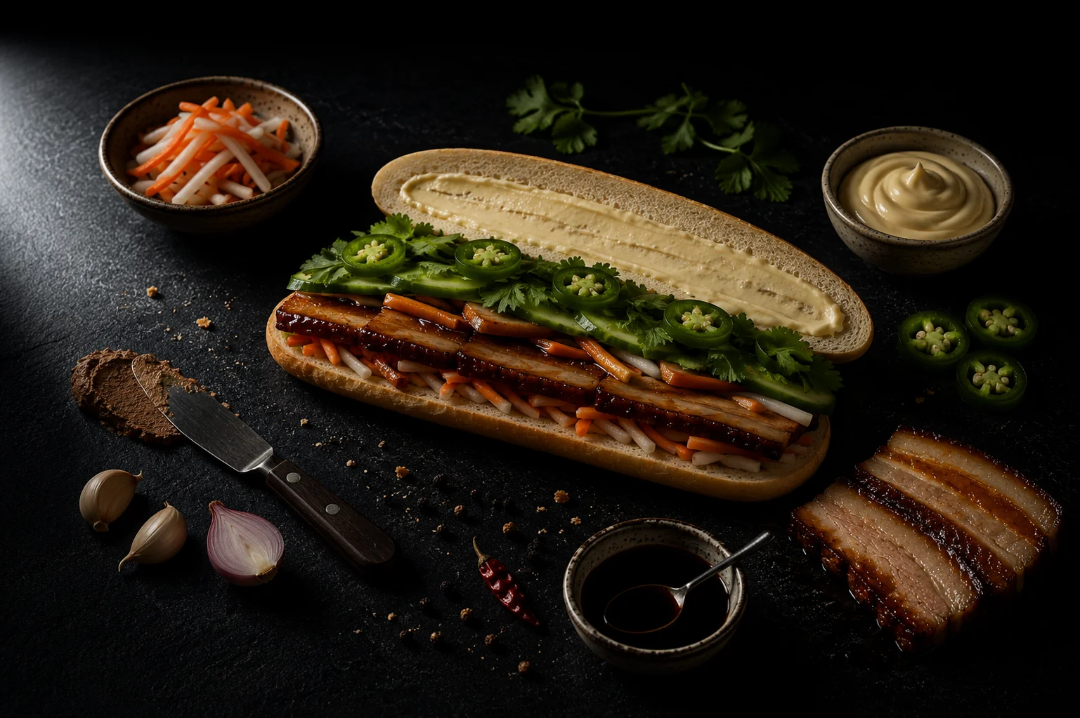 bánh mì thịt kho (Vietnamese braised pork belly bánh mì) with braised pork belly, đồ chua, cucumber, cilantro, and jalapeño on dark slate