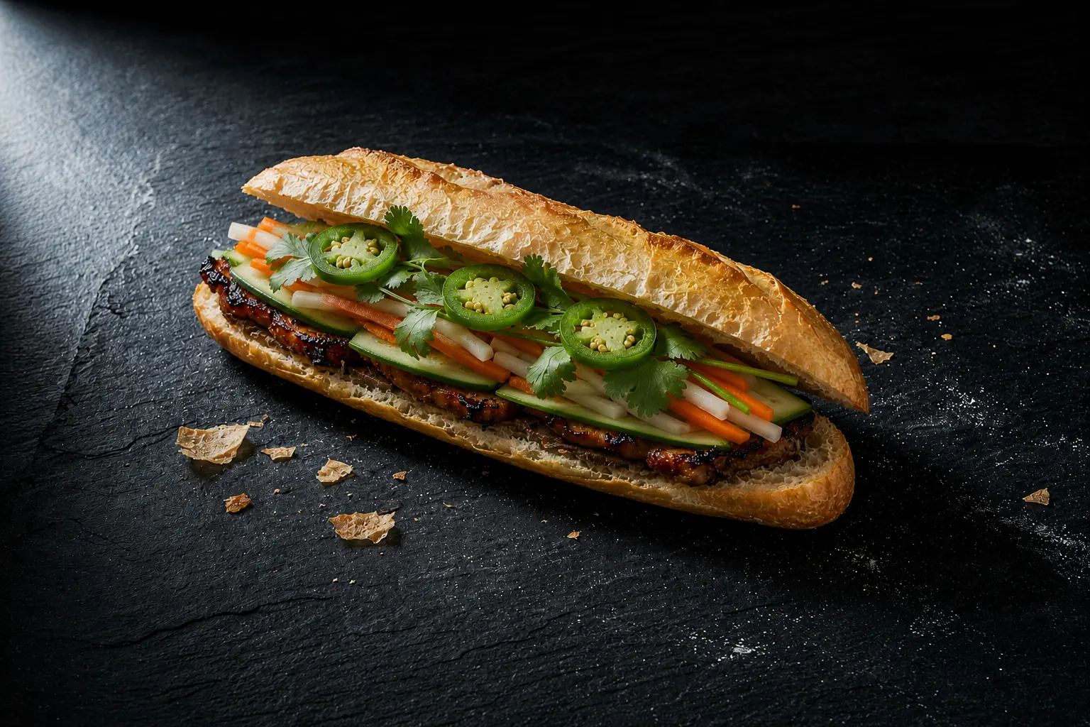 Bánh mì thịt nướng grilled pork bánh mì with charred pork cucumber daikon carrot cilantro and jalapeño on dark slate