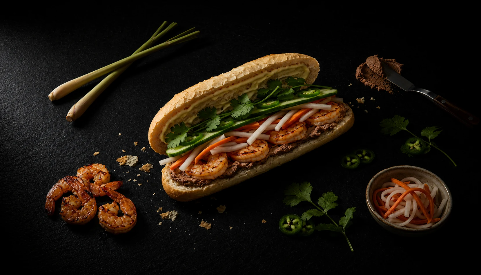 bánh mì tôm (Vietnamese shrimp bánh mì) with caramelized lemongrass shrimp, đồ chua, cucumber, cilantro, and jalapeño on dark slate