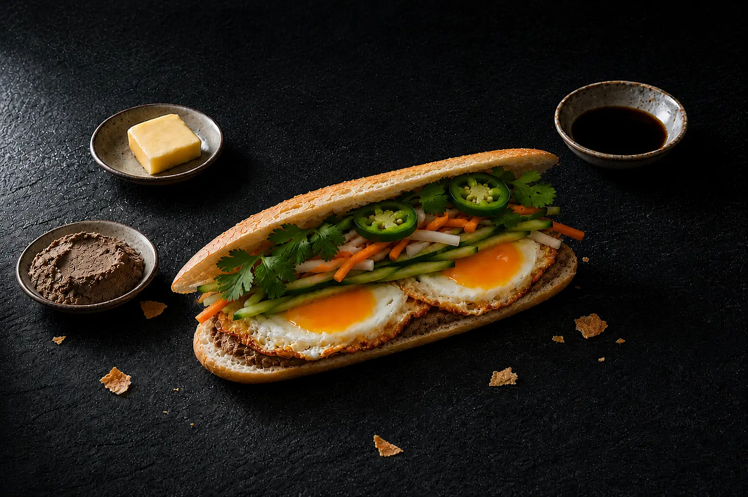 Bánh mì trứng with two sunny side up fried eggs, pork liver pâté, pickled daikon carrot, cucumber, cilantro and jalapeño on glass crust baguette