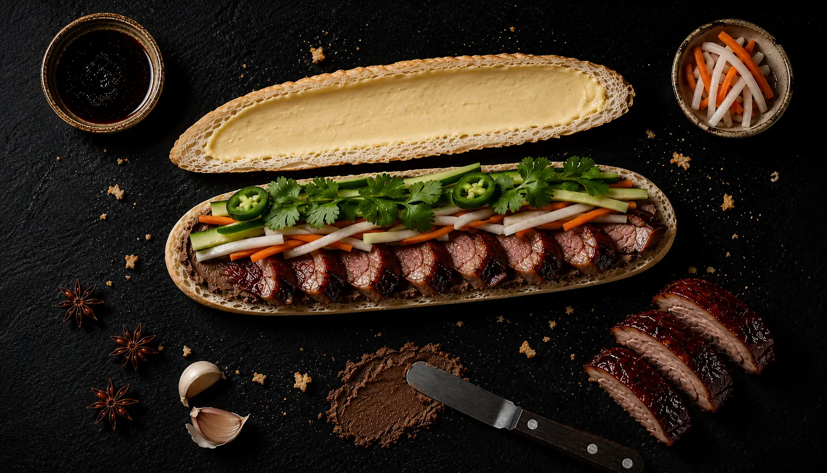 banh mi vit quay (Vietnamese roast duck banh mi) with lacquered duck skin and five spice meat on dark slate