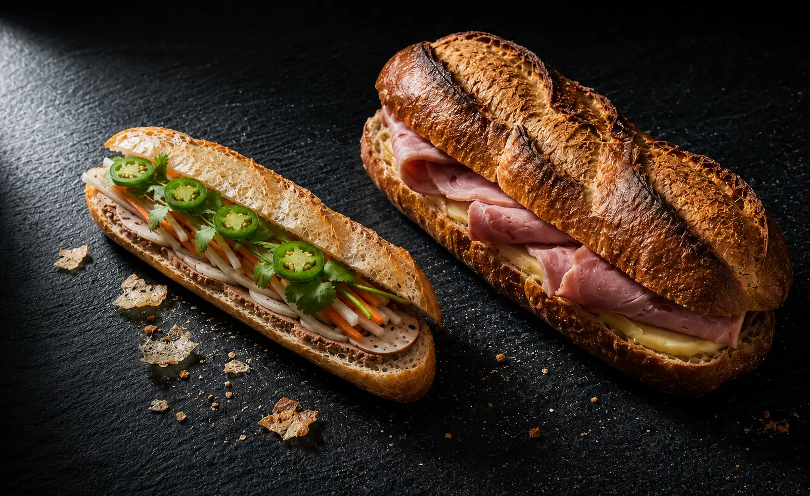 Bánh mì and French jambon-beurre baguette sandwich side by side showing crust and filling differences on dark slate
