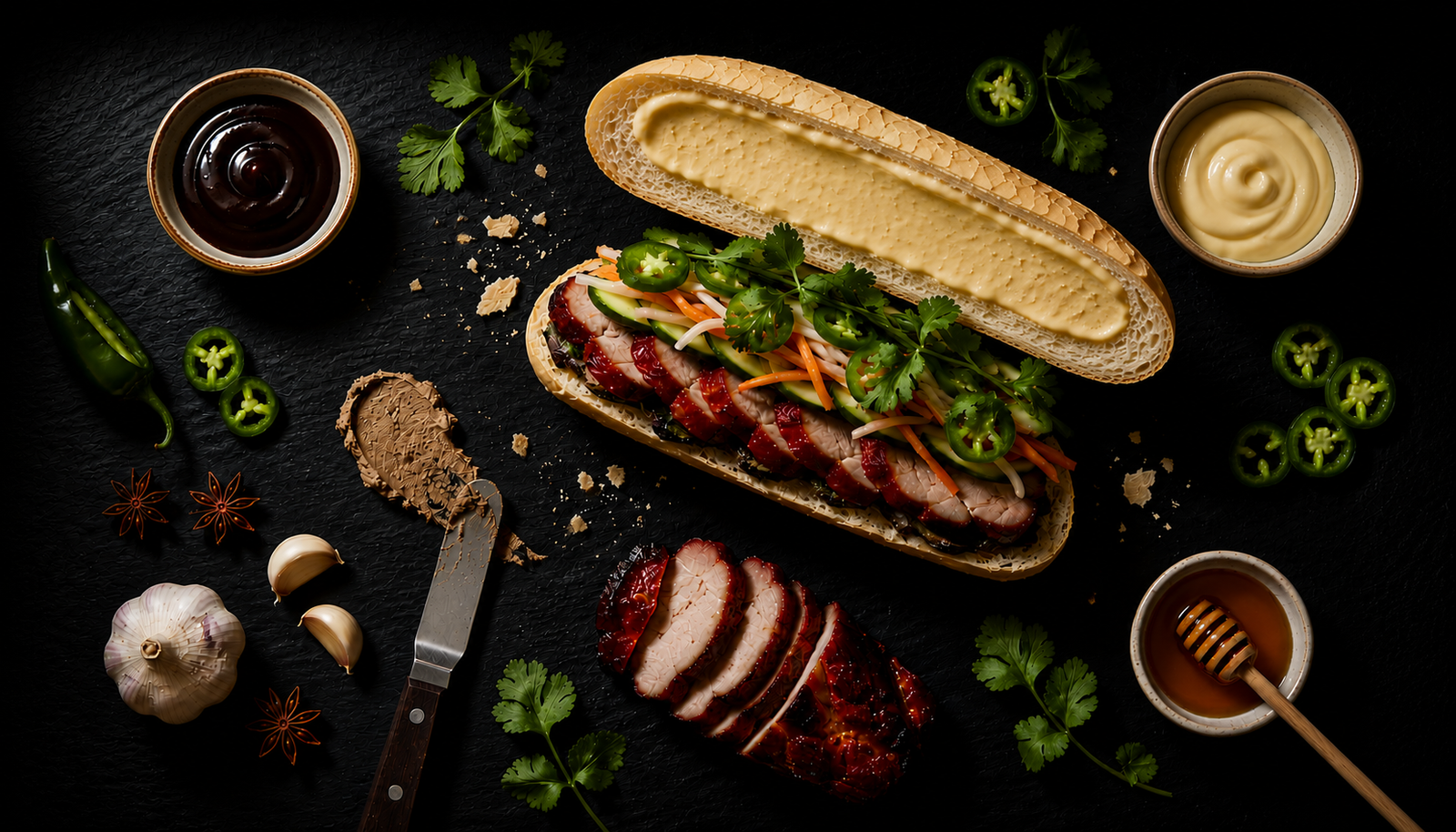 bánh mì xá xíu (Vietnamese BBQ pork bánh mì) with lacquered char siu pork, đồ chua, cucumber, cilantro, and jalapeño on dark slate