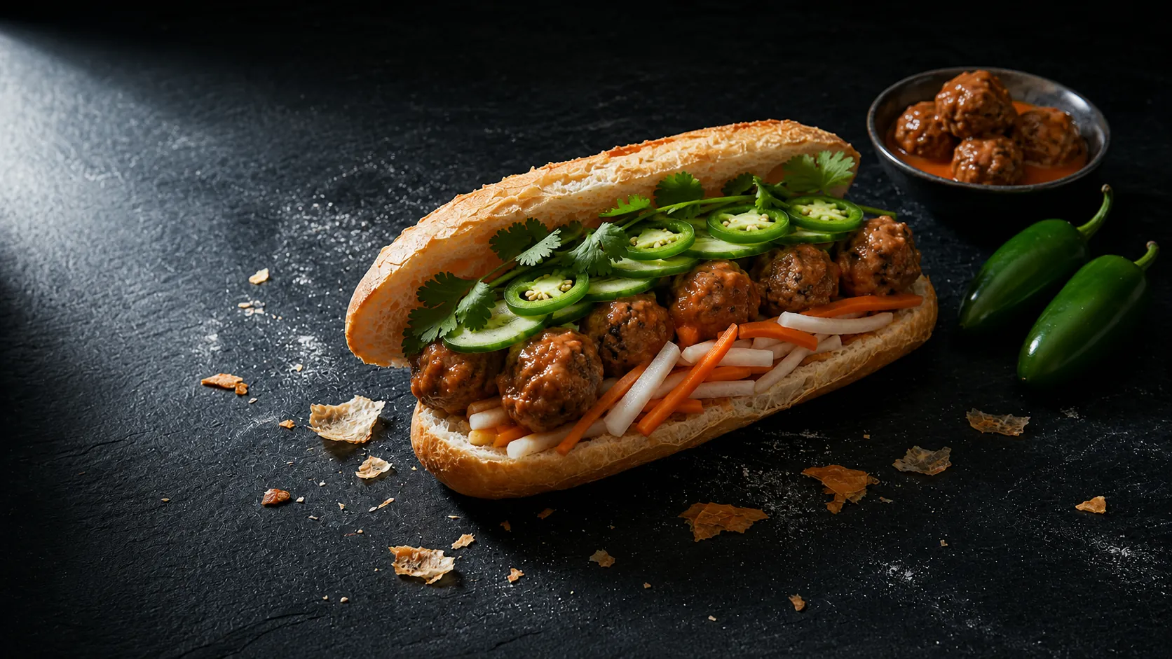Bánh mì xíu mại with Vietnamese pork meatballs in tomato sauce, pickled daikon carrot, cucumber, cilantro and jalapeño on glass crust baguette