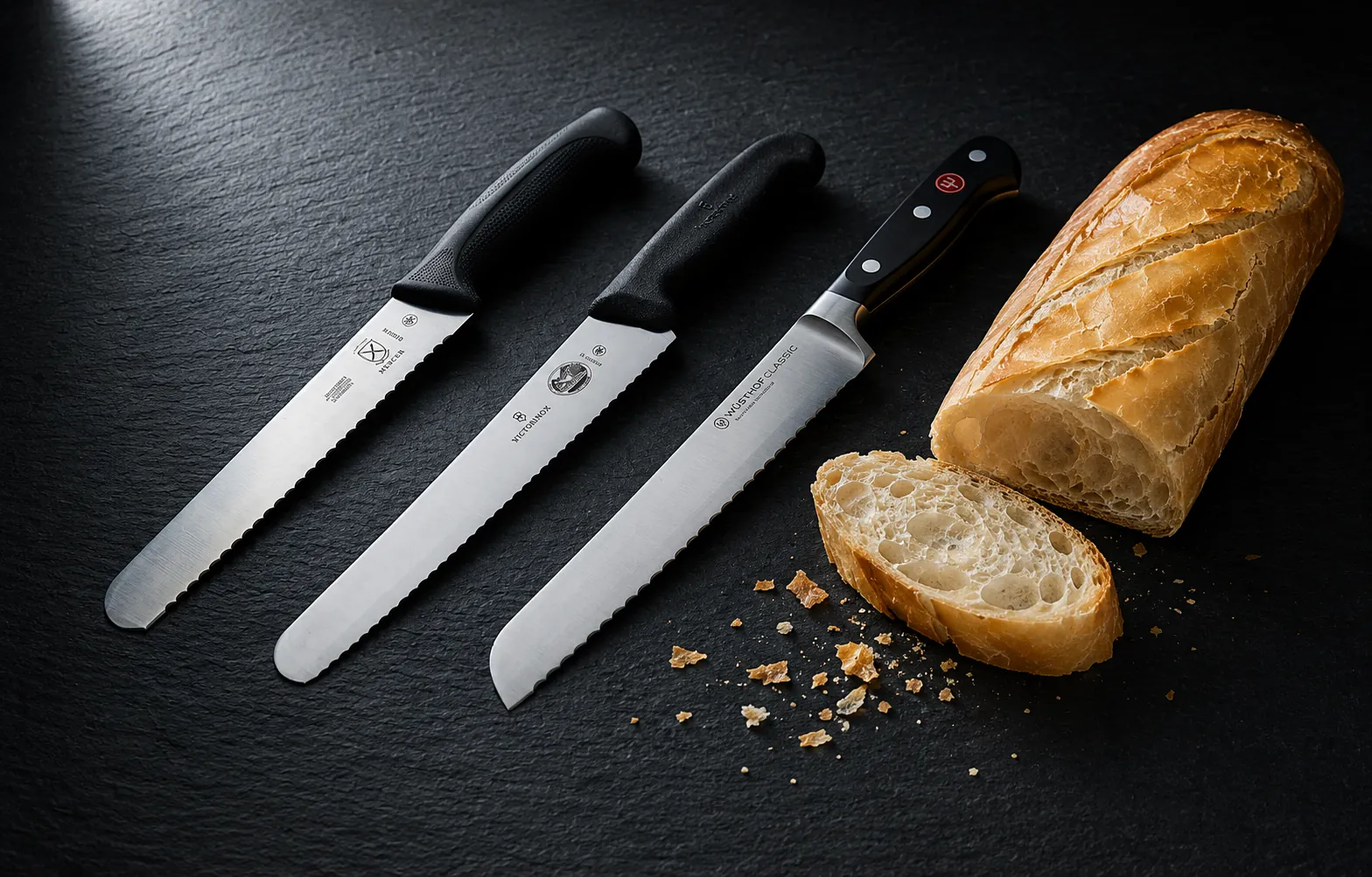 Three bread knives on a dark slate surface beside a sliced Vietnamese bánh mì baguette with glass crust