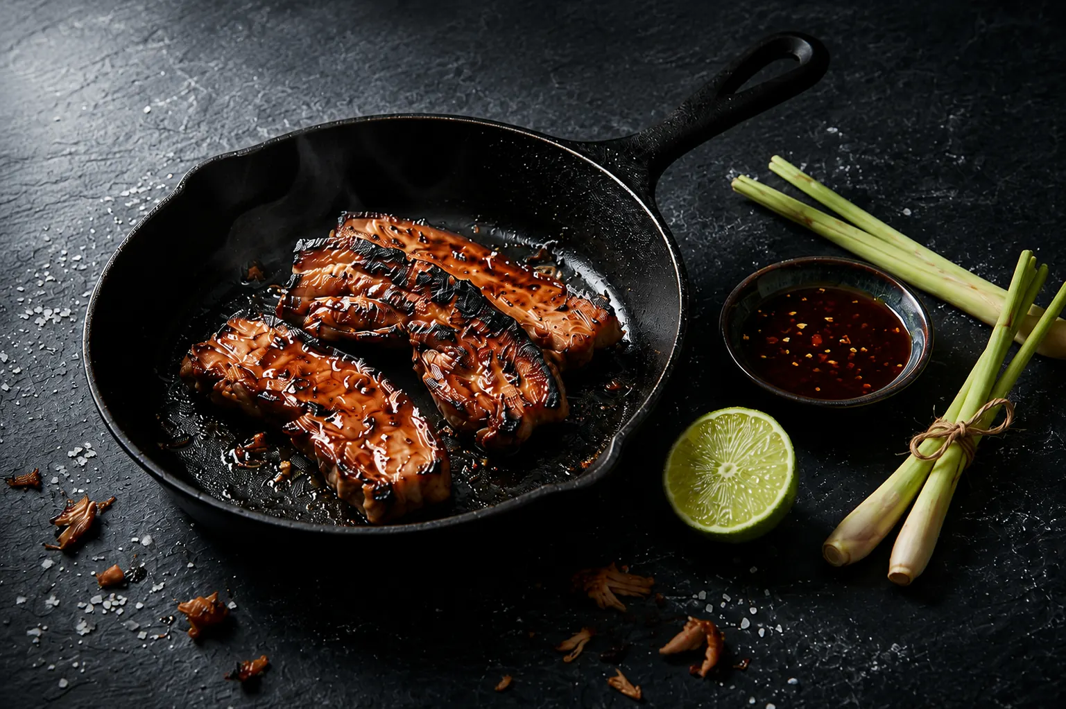 Seasoned cast iron skillet with caramelized grilled pork strips, Vietnamese dipping sauce, lemongrass and lime on dark slate surface