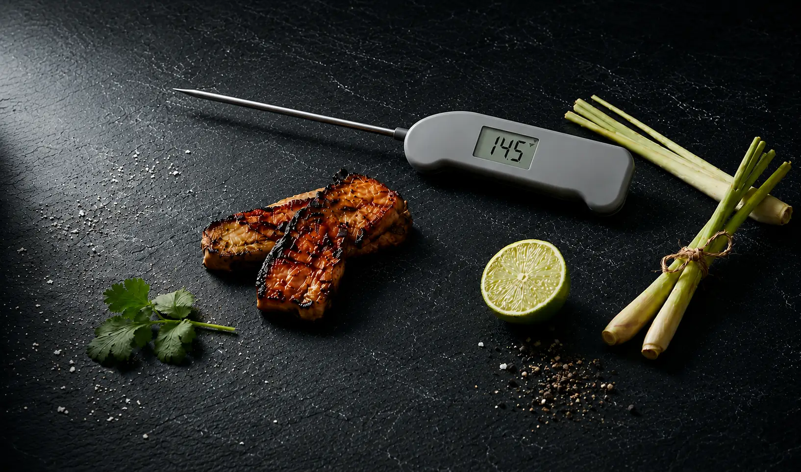 Best instant-read thermometer for bánh mì showing 145°F with grilled pork on dark slate