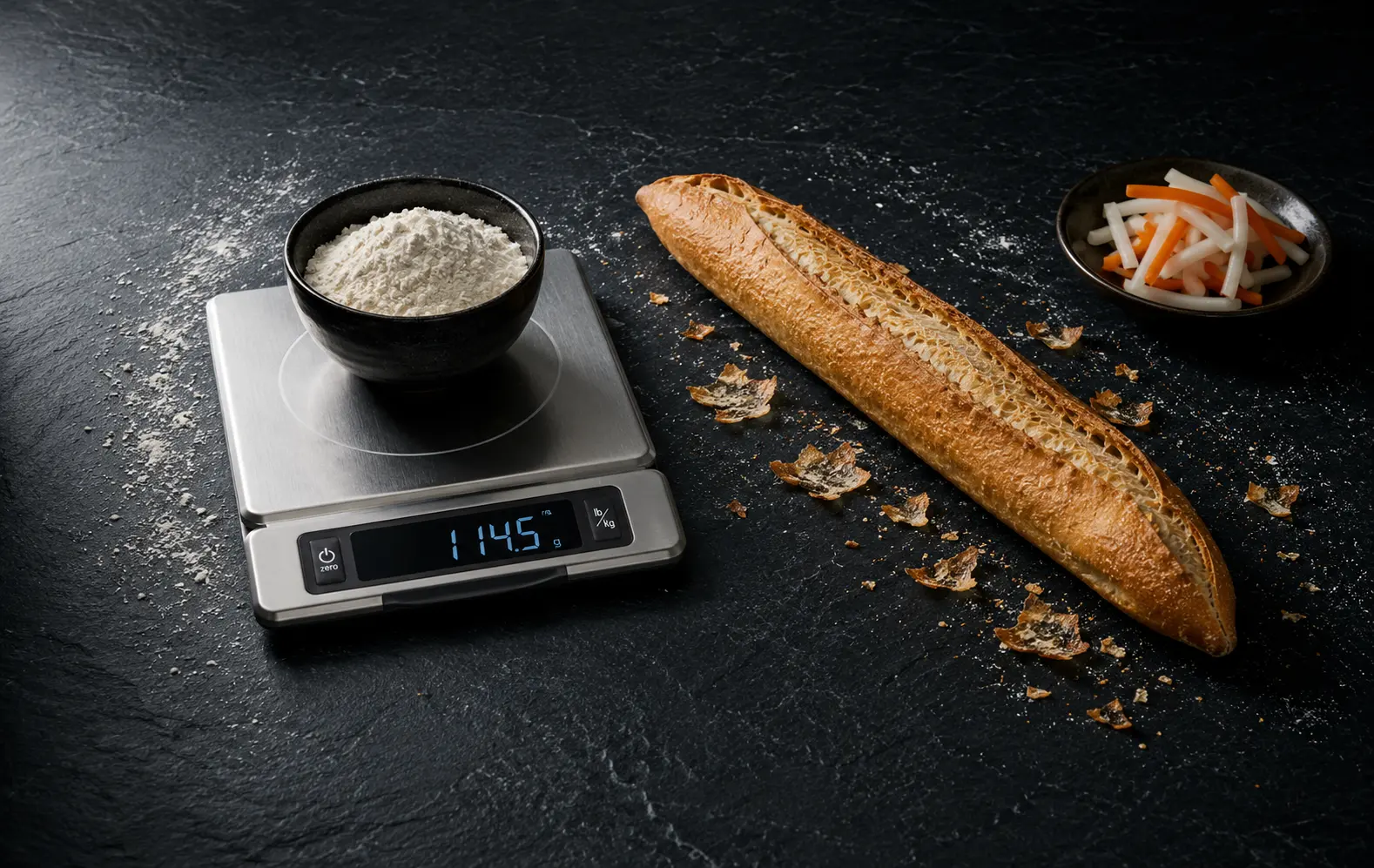 Best kitchen scale for bánh mì weighing rice flour with glass crust baguette and pickled daikon carrot on dark slate