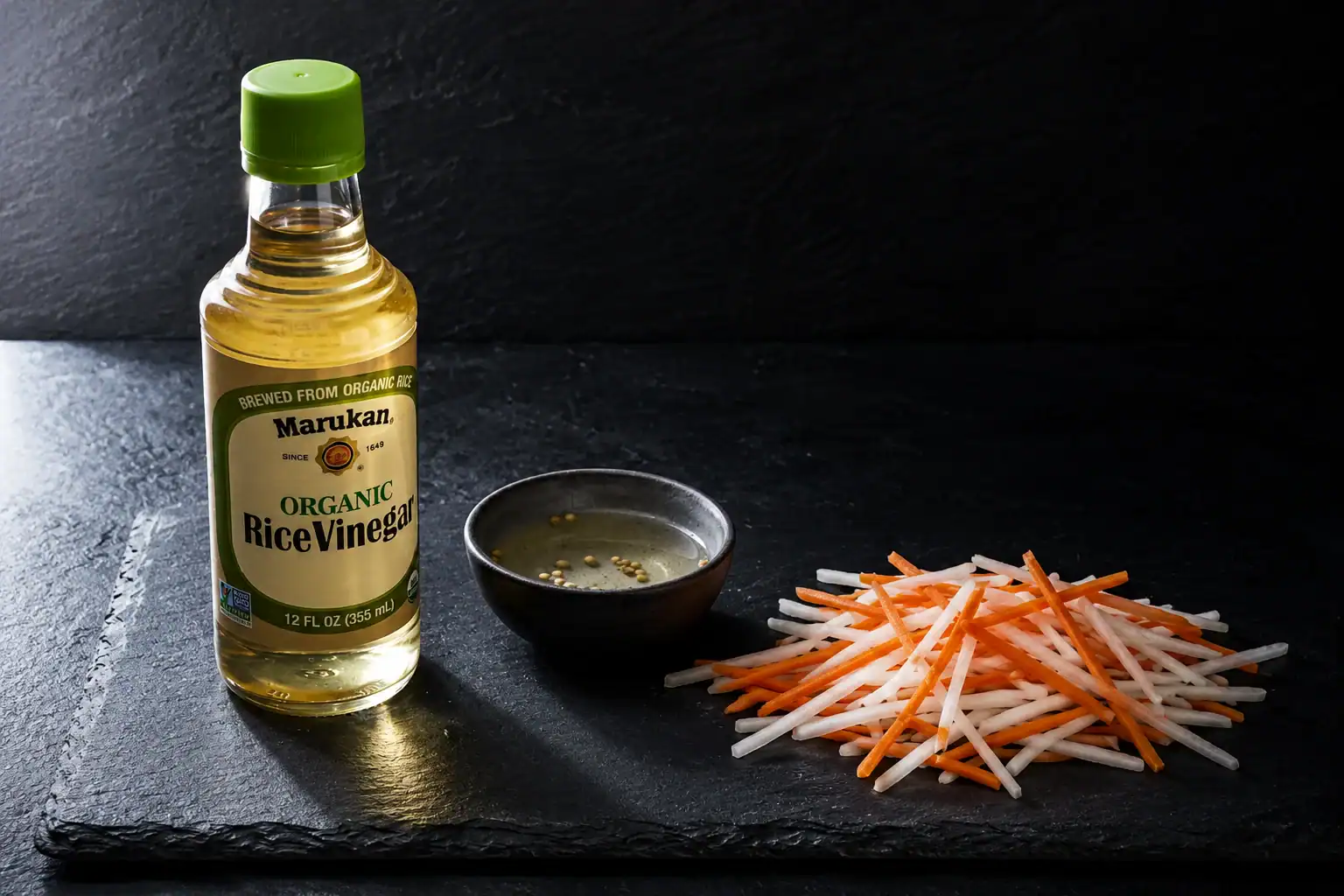 Best rice vinegar for bánh mì with Marukan organic rice vinegar and julienne-cut daikon and carrot