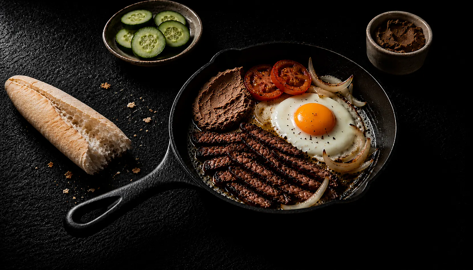 bo ne (Vietnamese sizzling beef skillet) with marinated beef, egg, pork liver pâté and tomato in cast iron skillet on dark slate