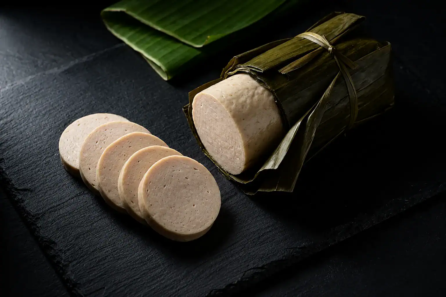 Chả lụa Vietnamese steamed pork roll partially unwrapped from banana leaves with slices on dark slate