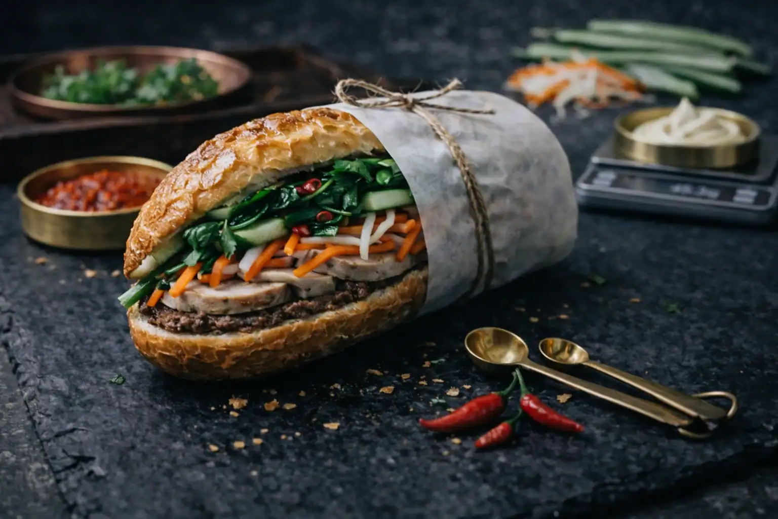 Vietnamese bánh mì showing all five elements pâté mayonnaise daikon carrot jalapeño and cilantro