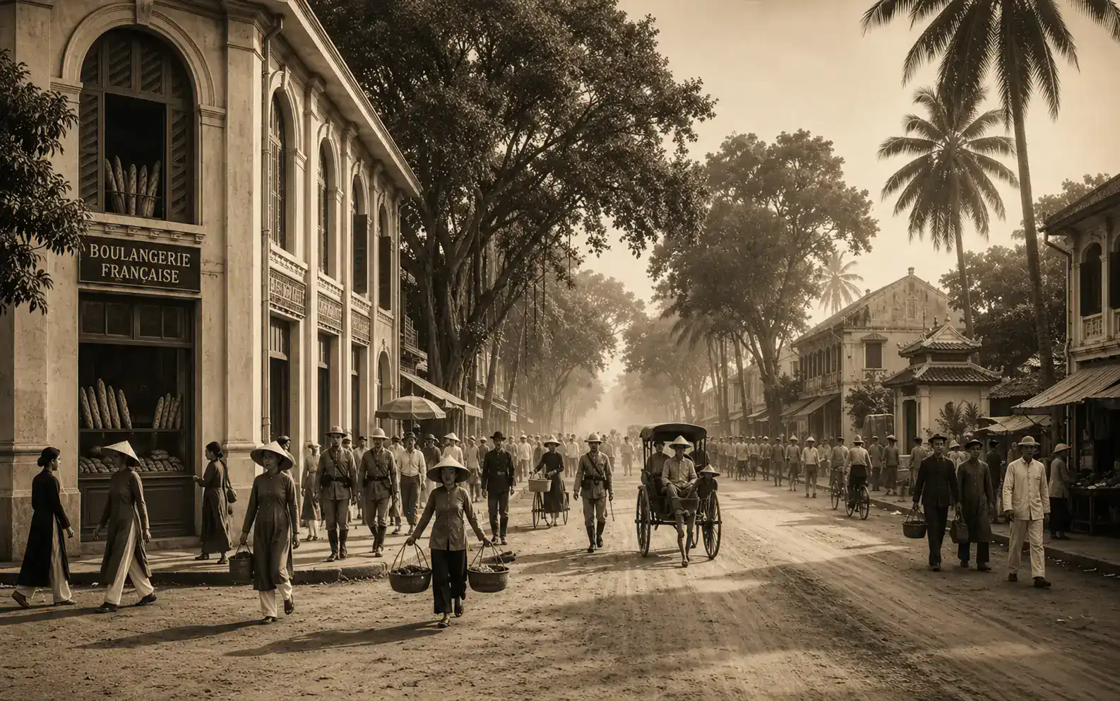 Colonial-era Saigon street scene with French bakery and Vietnamese figures late 19th century