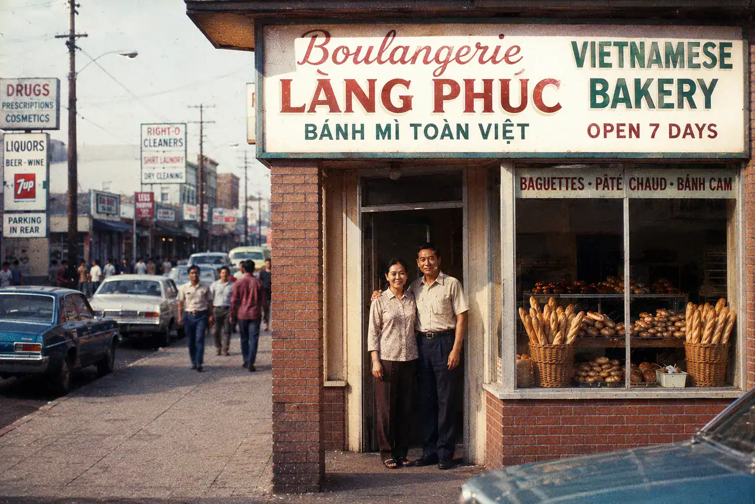 Vietnamese couple standing in front of their bánh mì bakery in 1970s America