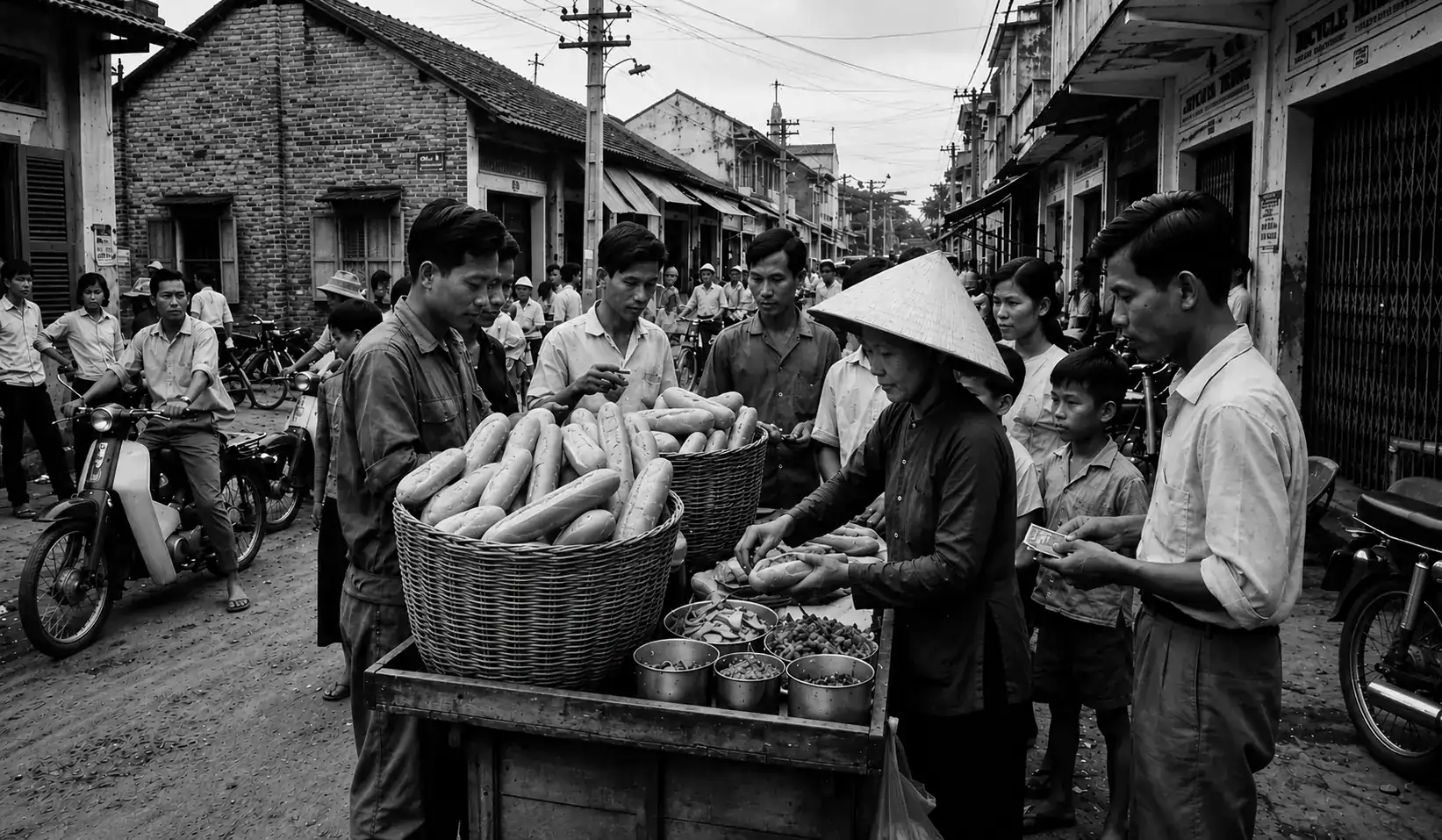 Vietnamese bánh mì street vendor with cart and wicker baskets 1960s Sài Gòn