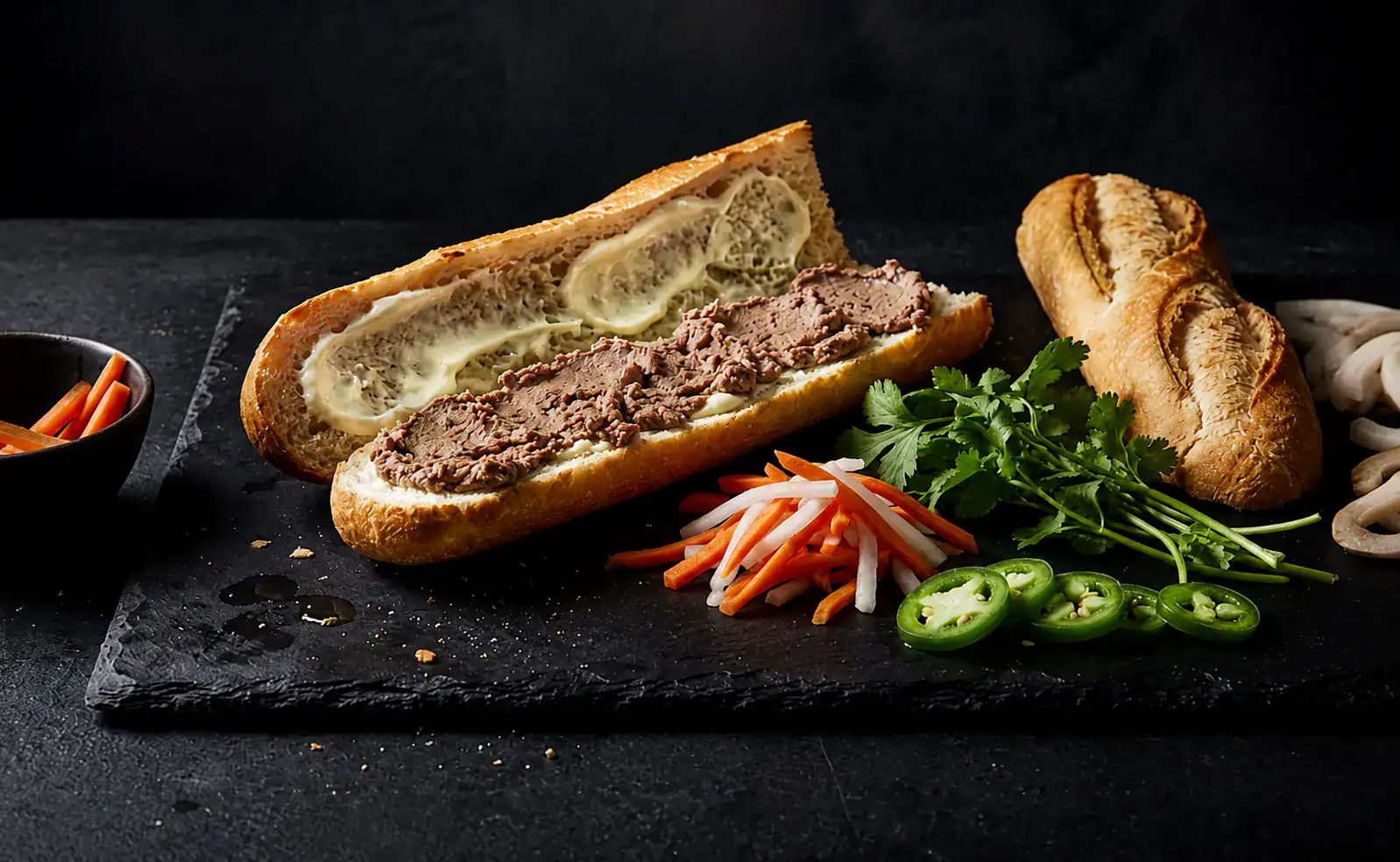 Bánh mì sandwich being assembled with pâté, pickled daikon and carrot, jalapeño and cilantro on dark slate