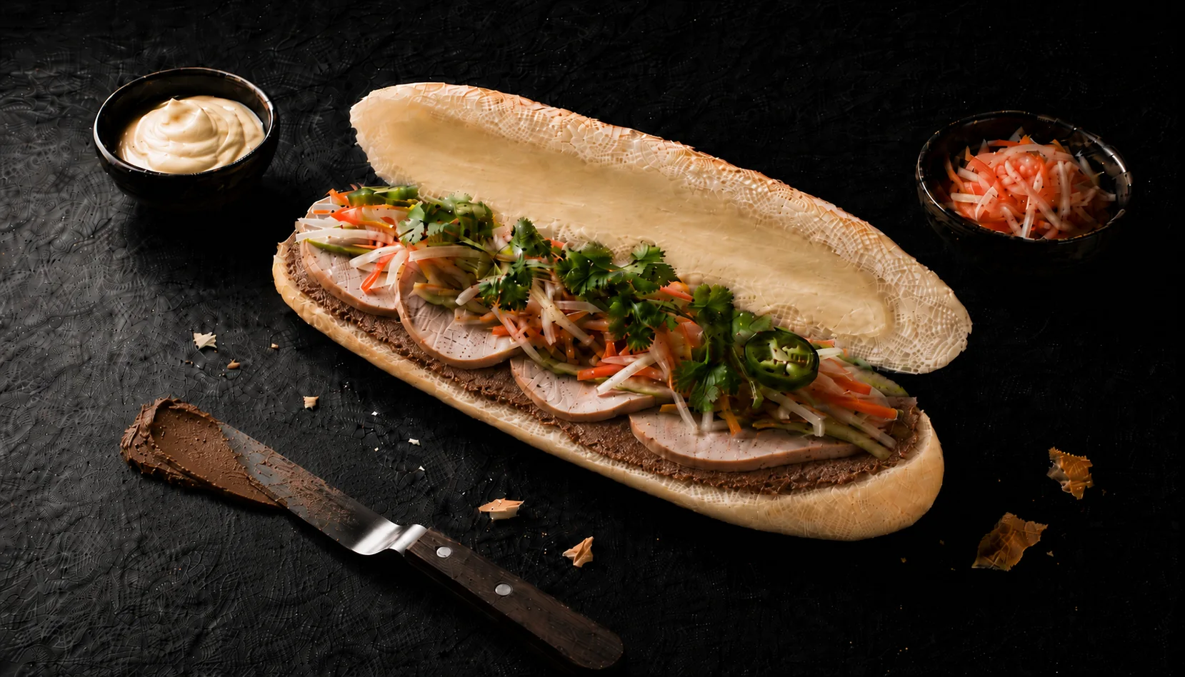 is banh mi gluten free — open faced Vietnamese bánh mì showing pâté, chả lụa, pickled daikon and carrot, cucumber and cilantro on dark slate